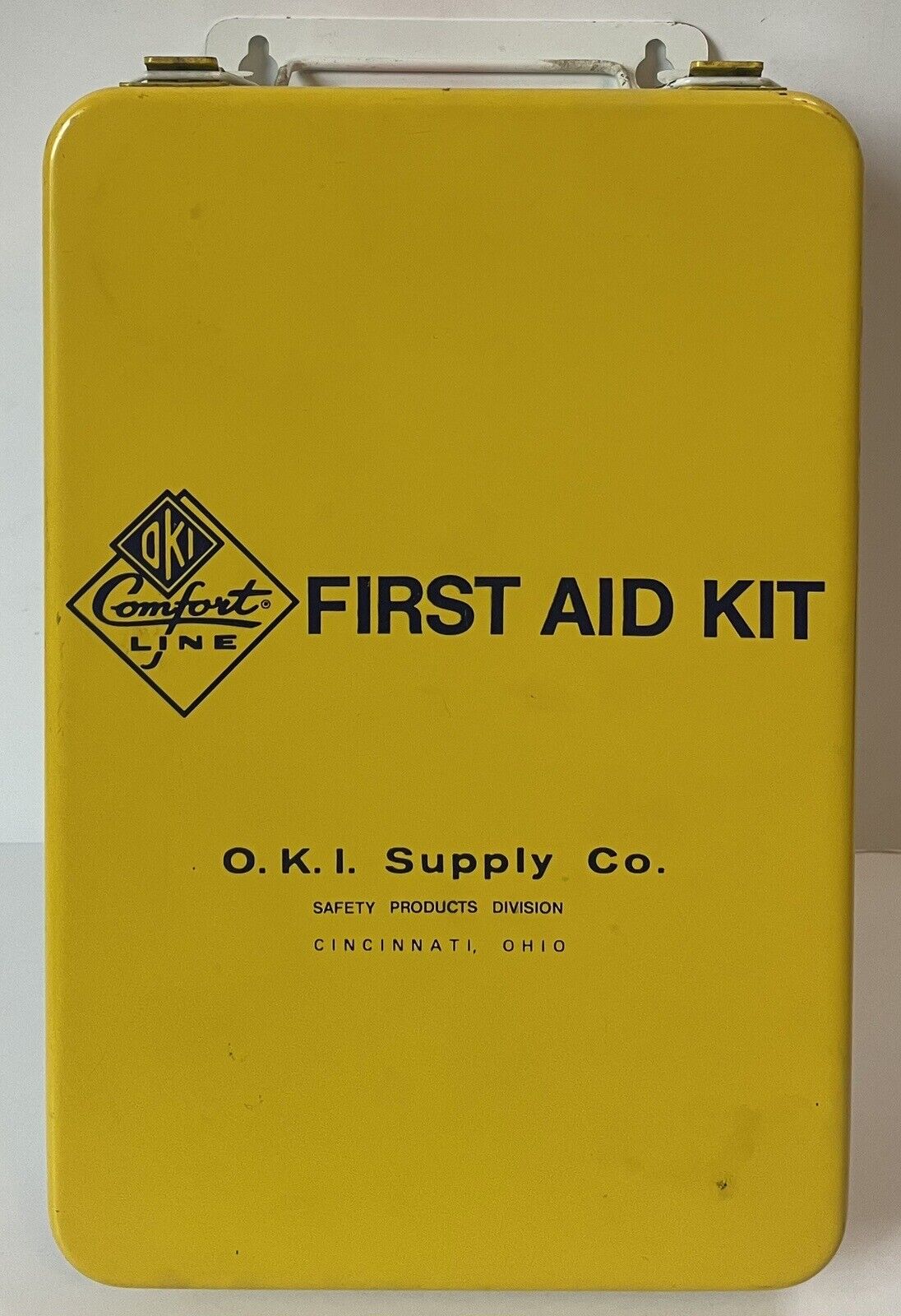 Vintage OKI Comfort Line Hanging First Aid Kit Metal Box & Contents Made In USA