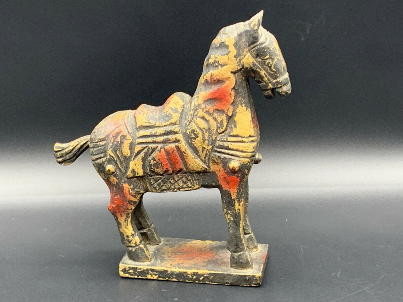 19th C. Chinese Wood Tang Dynasty War Horse Worrier Red & Gold Sculpture