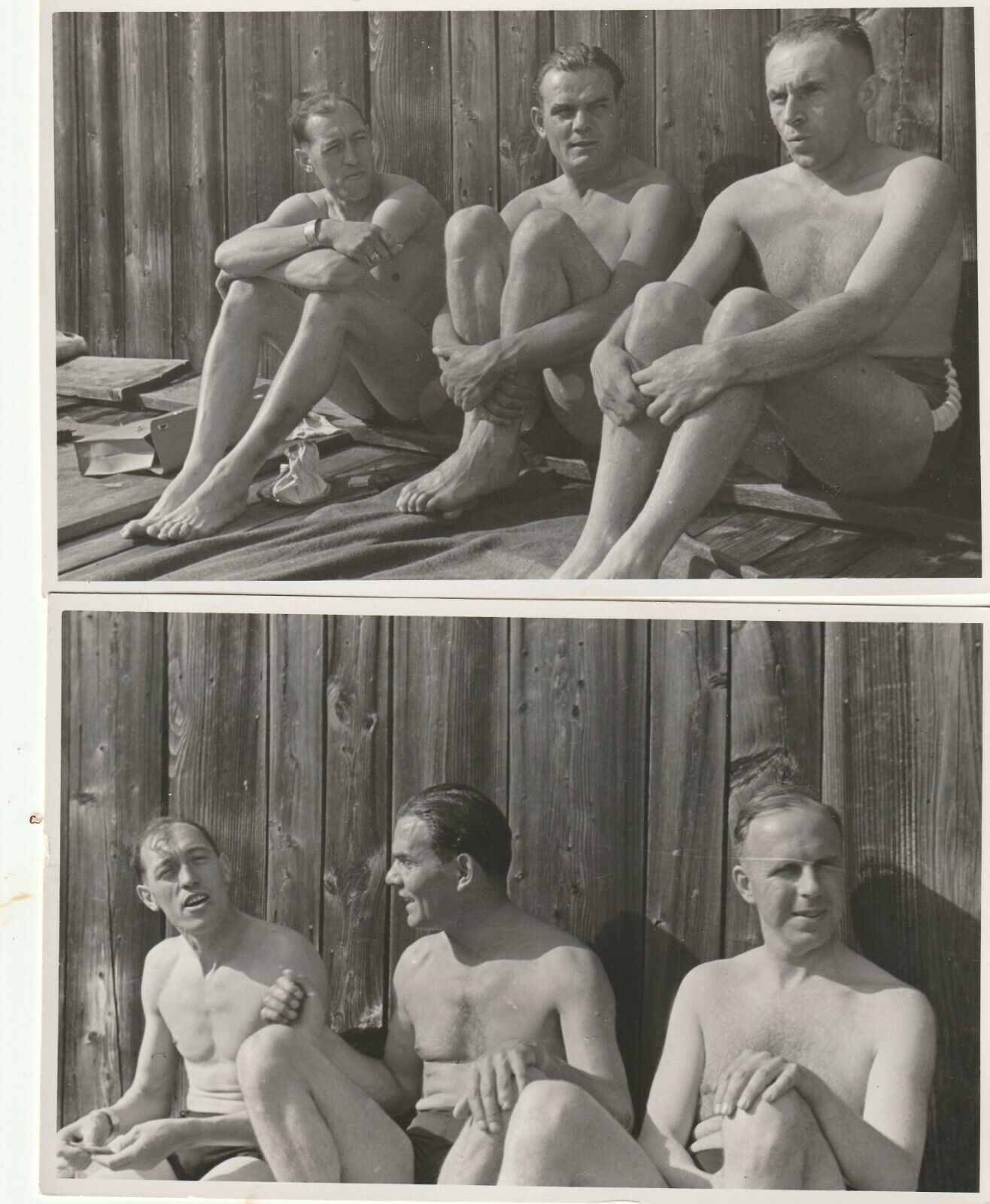 Vintage photograph, shirtless mature men sunbathing, gay interest 