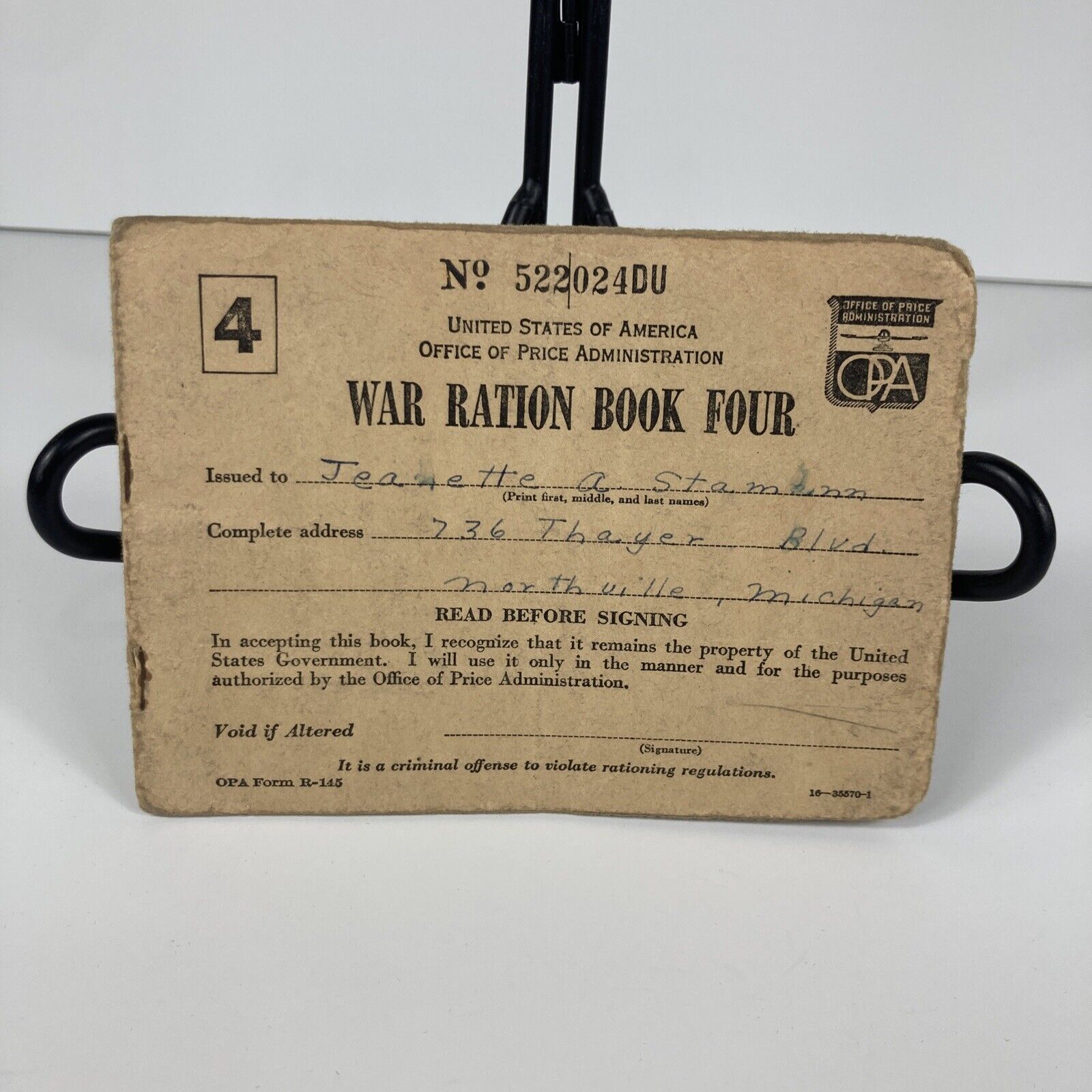 World War 2 Ration Book Four 4 Used Food Stamps WWII WW2 OPA Form R-145 Stamann
