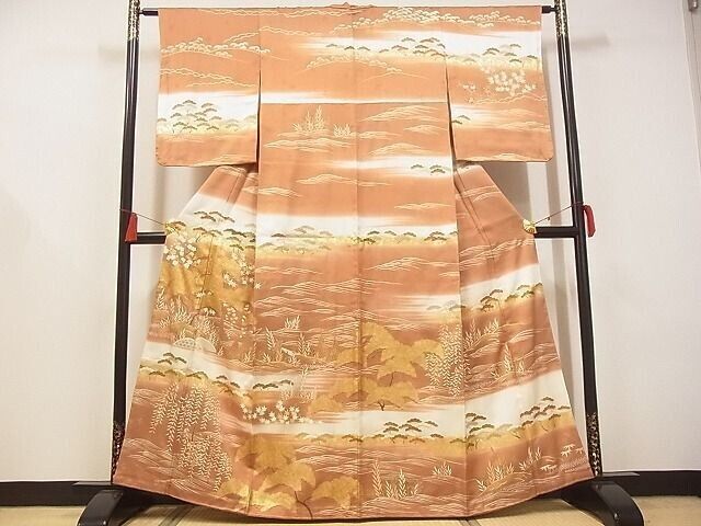 Japanese Kimono Silk Houmongi, Embroidery/Landscape&Flower/Gold Thread,161/63/57