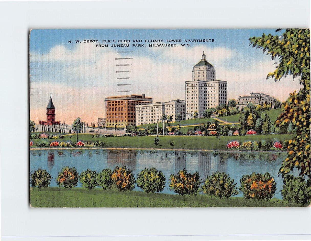 Postcard NW Depot Elk\'s Club & Cudahy Tower Apartments Juneau Park Wisconsin USA
