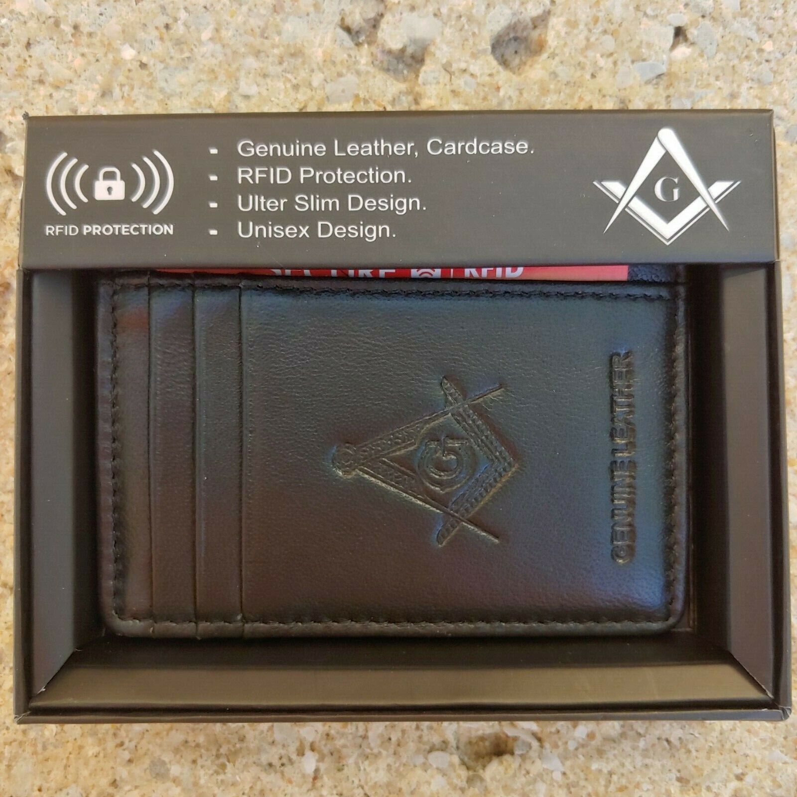 Masonic Black Genuine Leather RFID Slim Wallet Mason Embossed Square and Compass