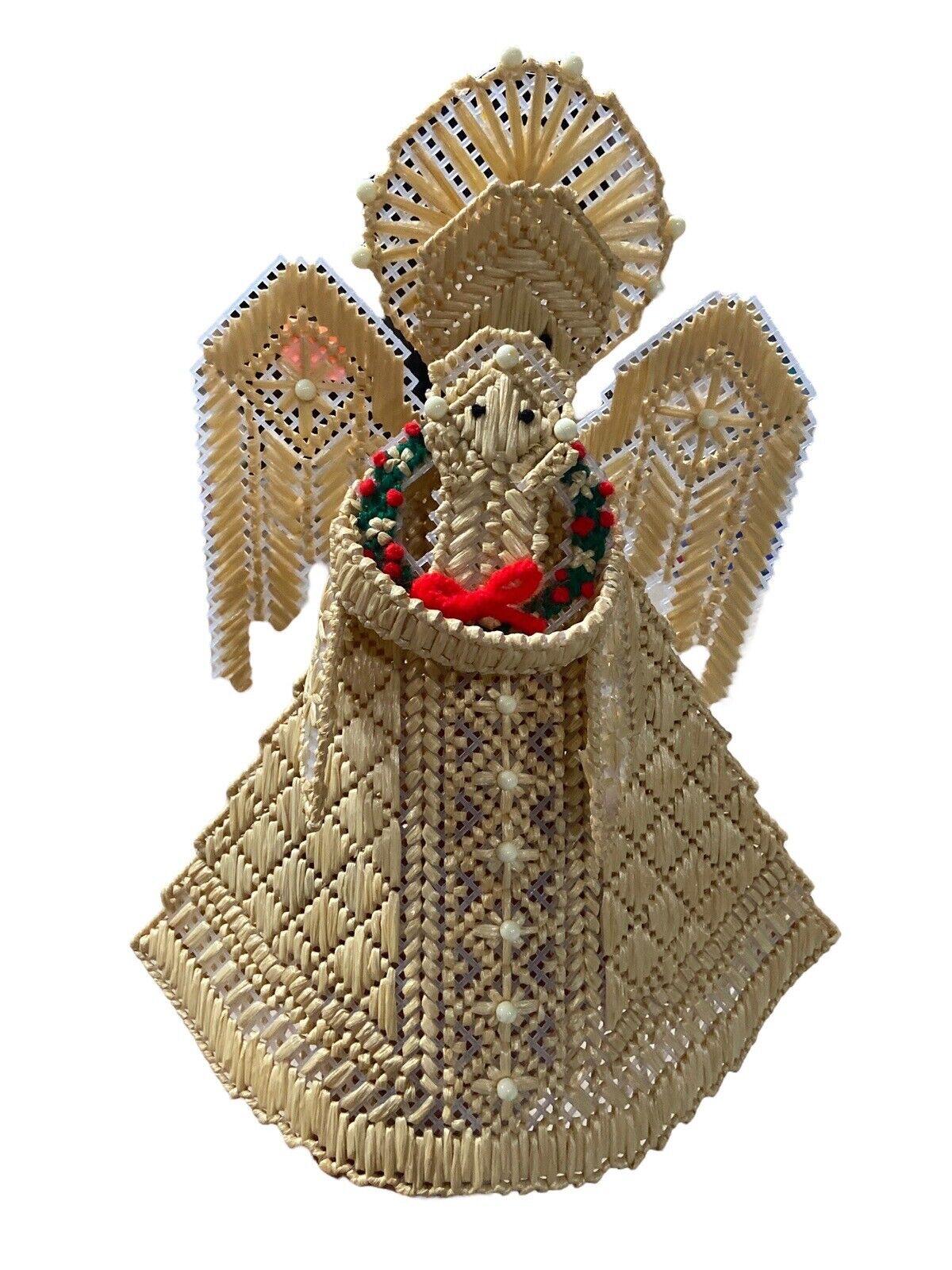 Vintage, Handmade Rattan/ Straw Tree Topper Doll, Angel With Child Jesus 12.5”