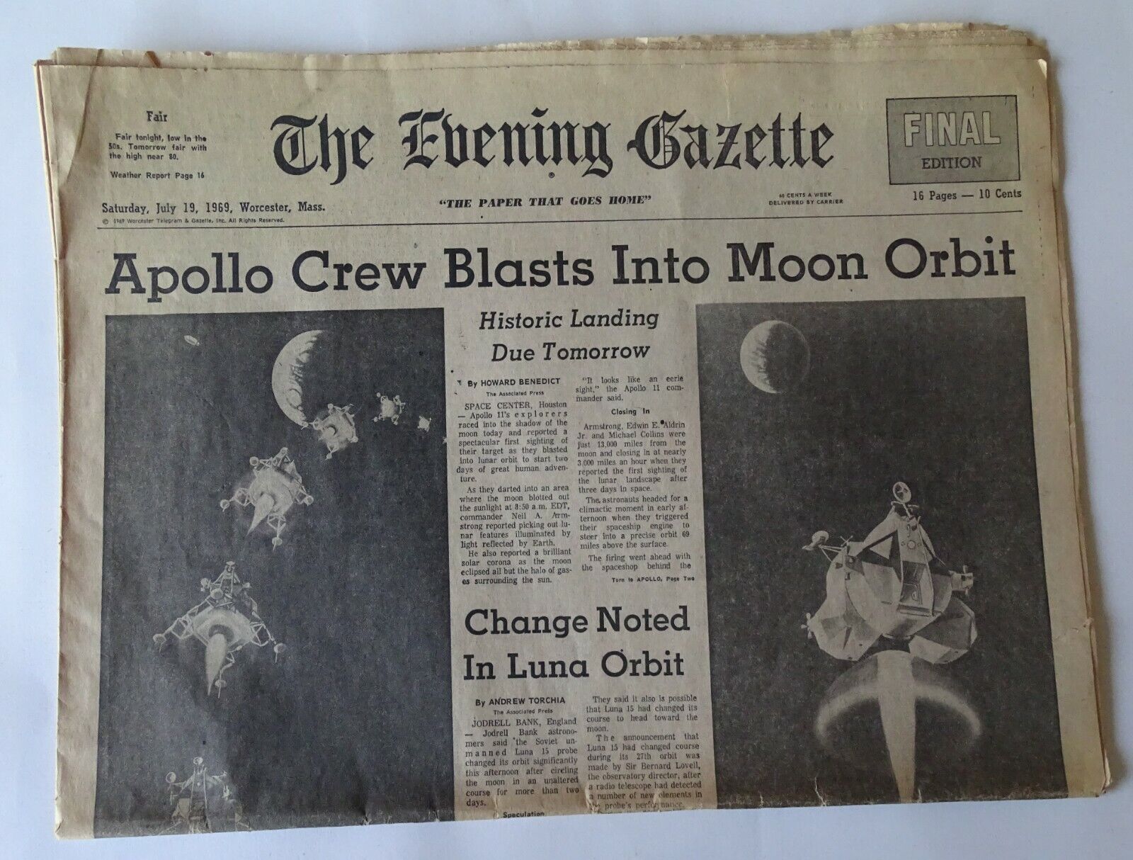 July 19 1969 Worcester MA. Newspaper APOLLO CREW BLASTS INTO MOON ORBIT