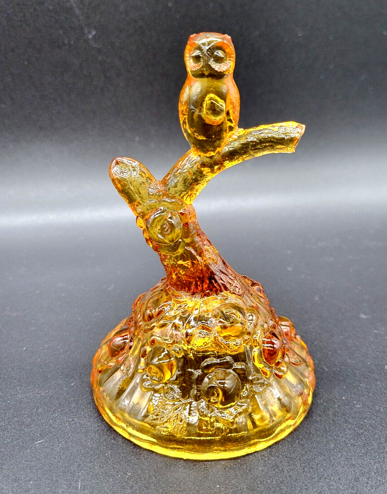 Vintage Fenton Amber Art Glass Owl Tree Ring Holder