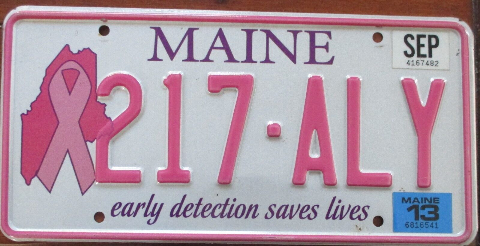 2013 MAINE EARLY DETECTION SAVES LIVES CANCER LICENSE PLATE # 217 ALY
