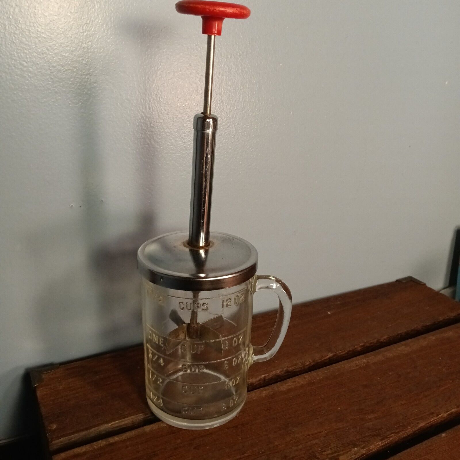Vintage Pamco Glass & Metal Food Nut Chopper, Measuring Cup, Red Handle