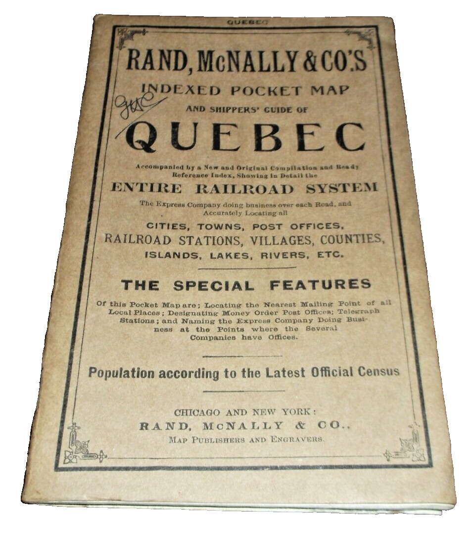 1910 RAND McNALLY QUEBEC FULL COLOR QUEBEC ENTIRE RAILROAD SYSTEM MAP