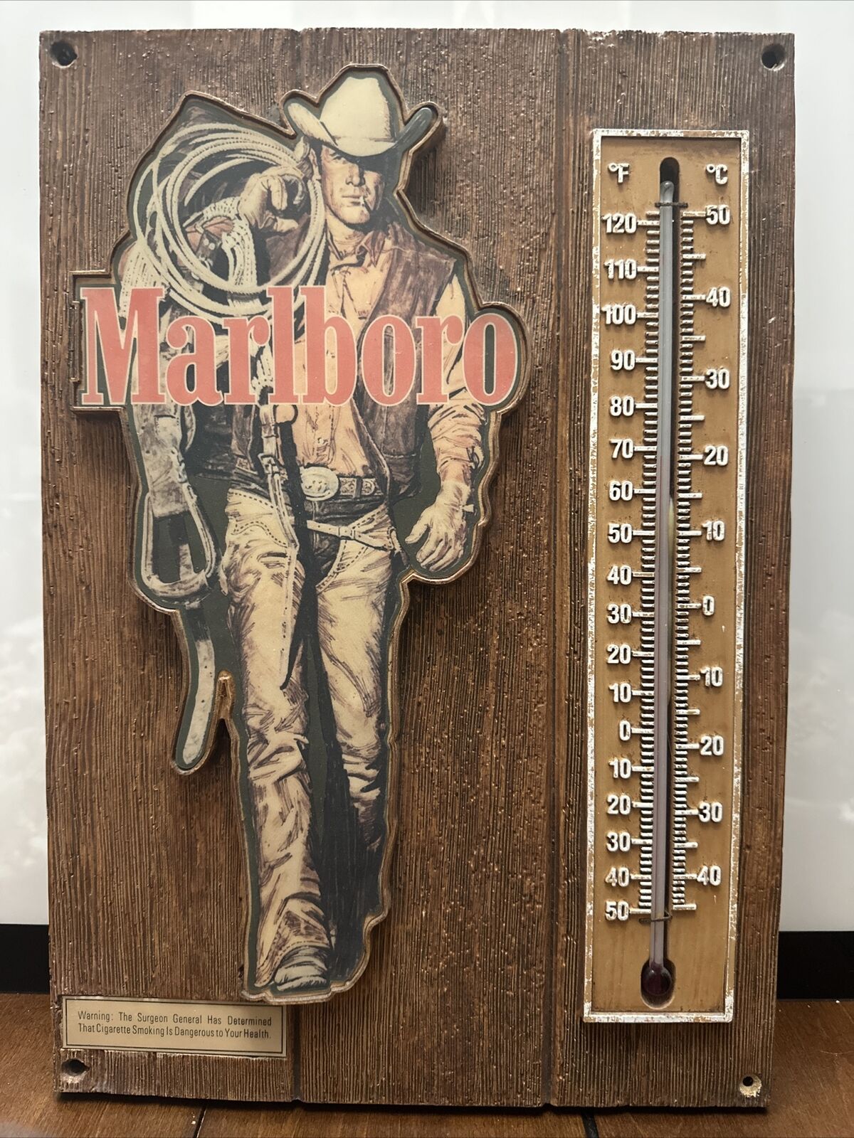 Vintage Circa 1970 Marlboro Man Cigarette Advertising Thermometer Sign Cowboy