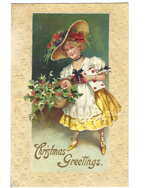 c1910 Cute Girl Fancy Hat Basket Holly Berries Dress Embossed Postcard UNPOSTED