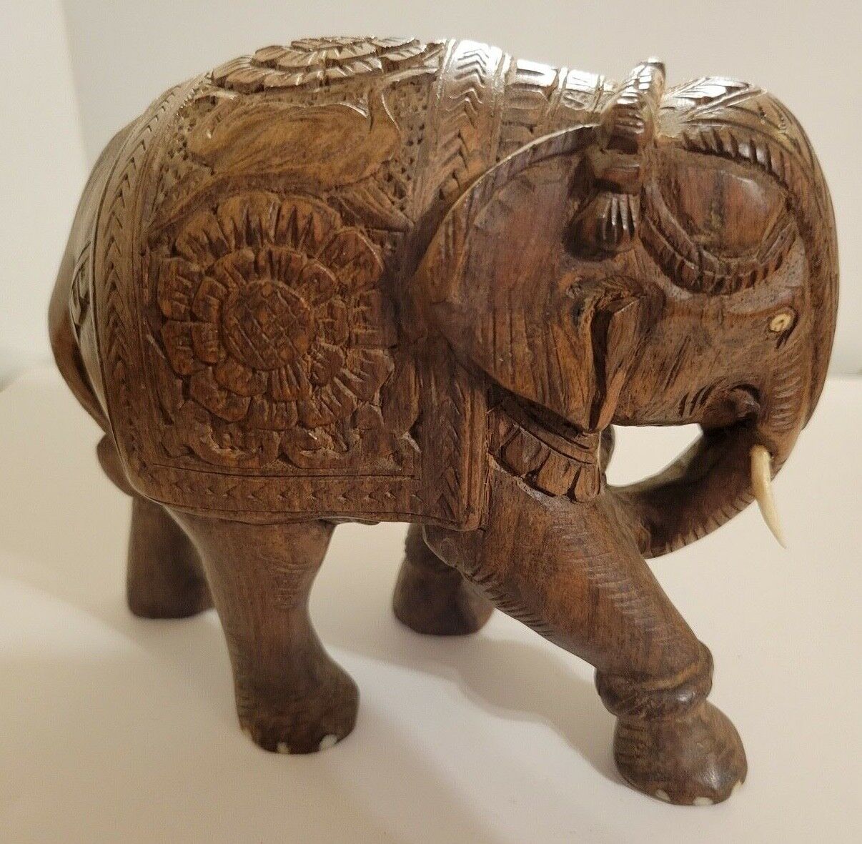 Vintage Hand Carved Solid Wood Elephant Figurine Statue 4.75\