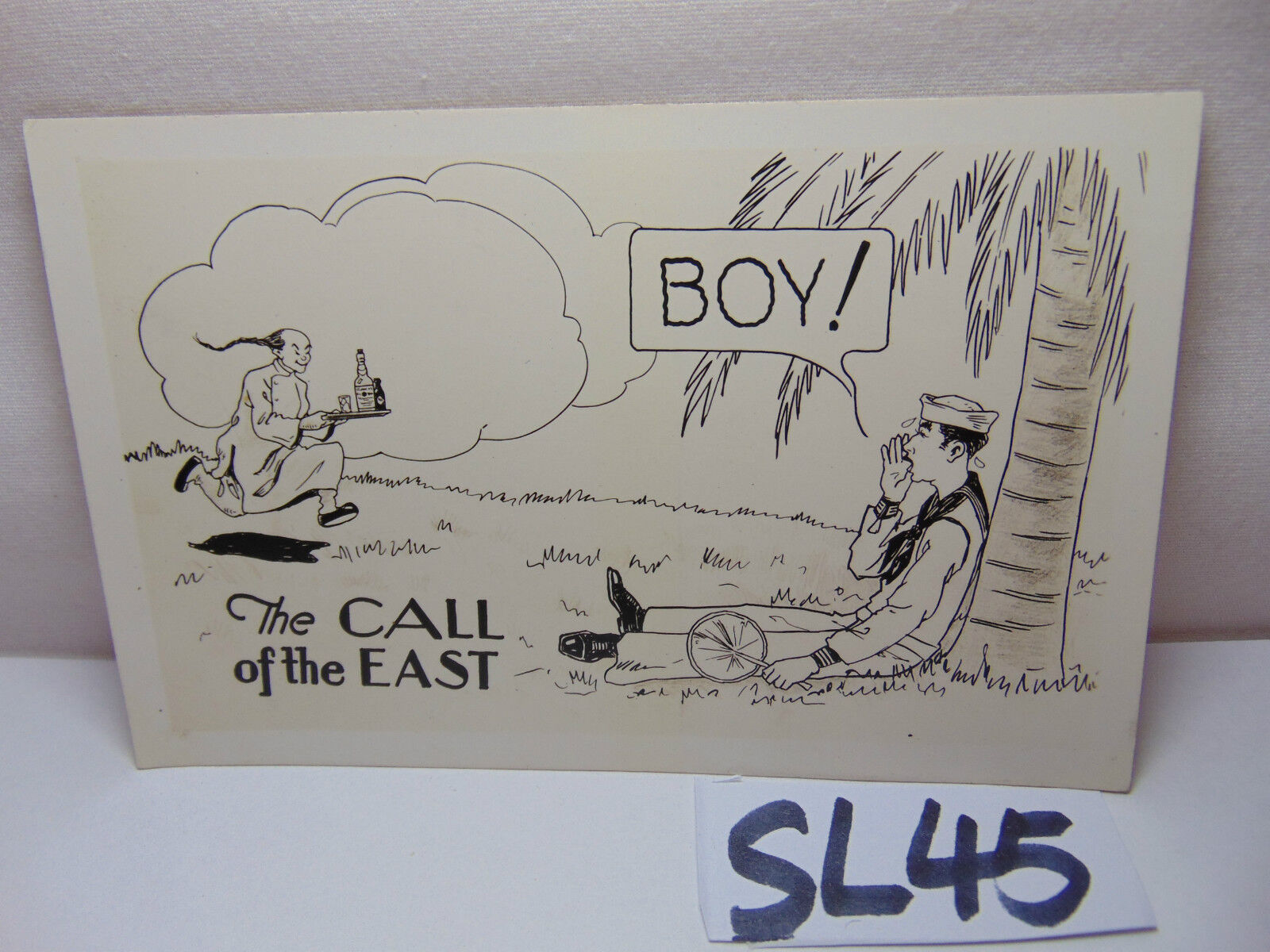 VINTAGE 1920'S US NAVY PICTURE POSTCARD COMIC THE CALL OF THE EAST SERVANT BOY 