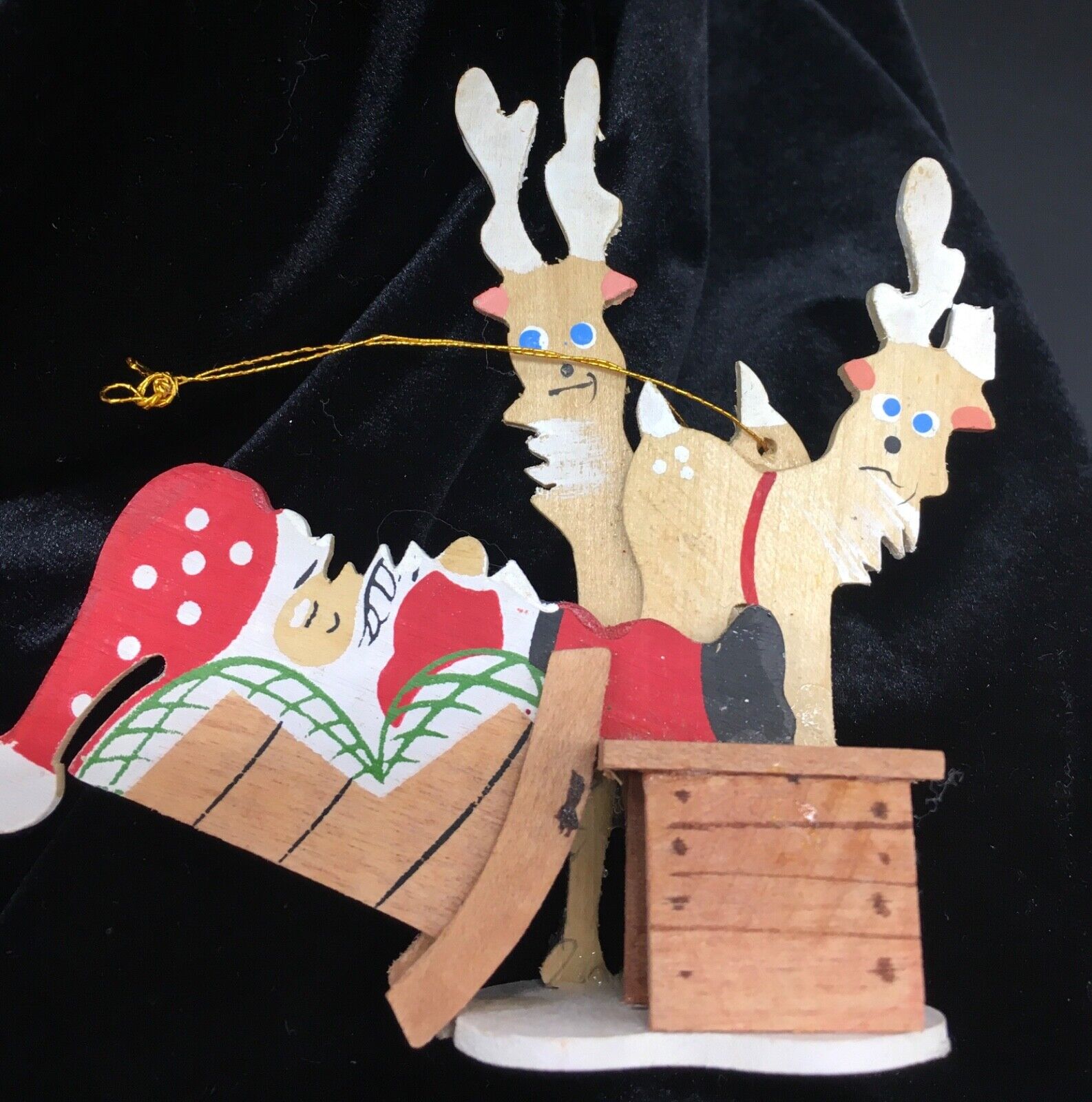 Christmas ornament Schmid EMGEE 4.25” wooden Santa feet up on his desk & 2 deer