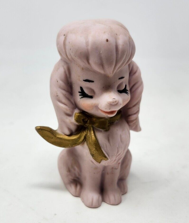 Vintage Kitschy Pink Poodle Dog Porcelain Ceramic Figurine Kitsch Retro Cute SEE