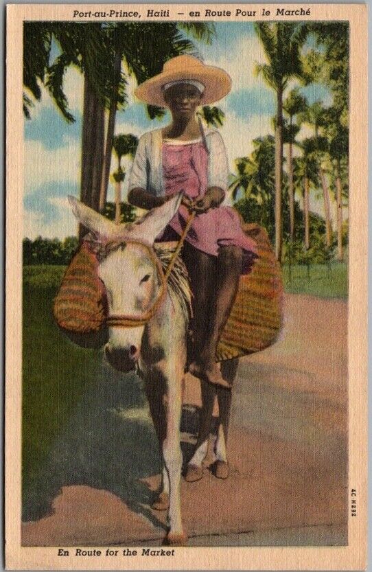 Port-au-Prince, HAITI Linen Postcard Man on Donkey 