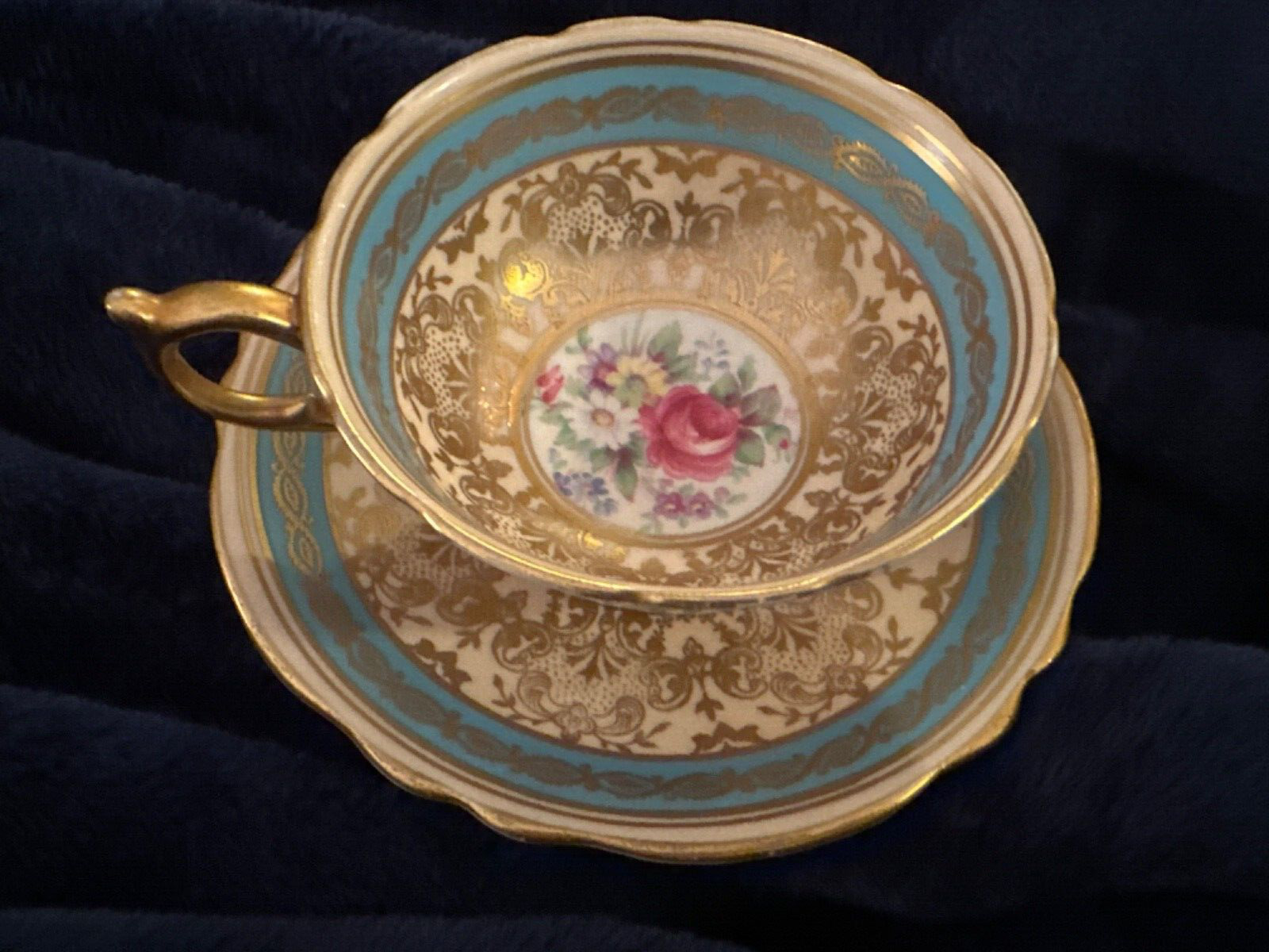 Paragon by Appointment Roses Gold Gilt Turquoise Footed Tea Cup & Saucer England