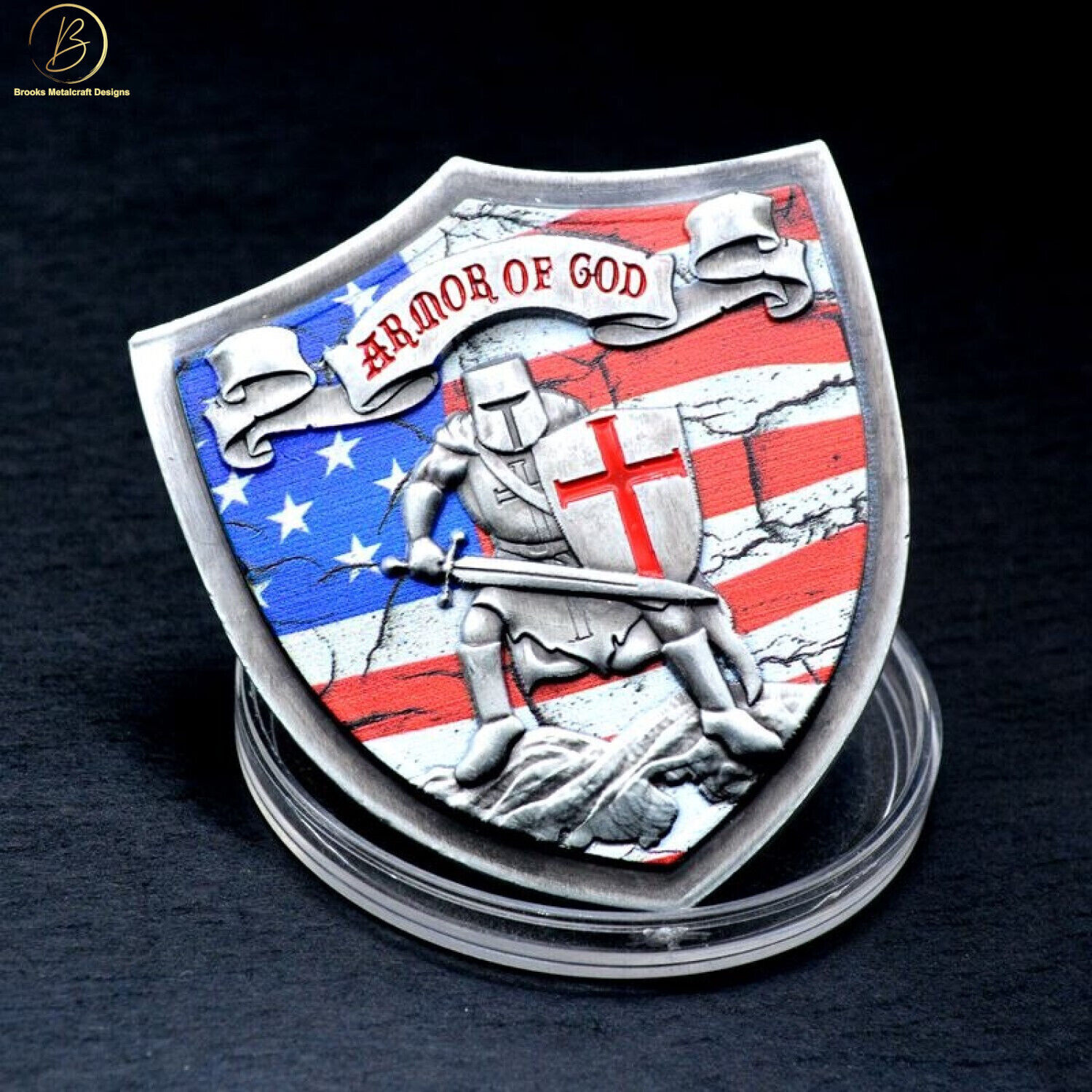 Armor of God Knights Templar Silver US Flag Christian Eph 6:10-18 Challenge Coin
