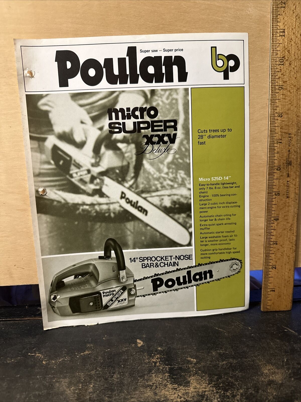Poulan Micro Super XXV Chainsaw ( Dealer Spec. Sheet ) For 3 Ring Binder