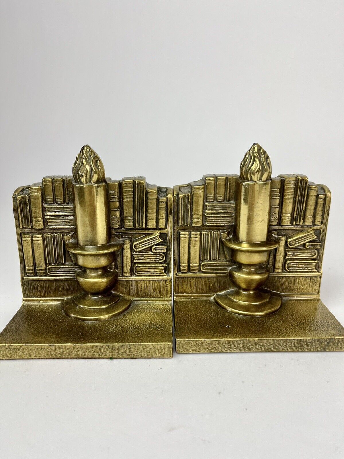 Vintage PM Philadelphia Manufacturing Co Metal Brass Bookends Candle - Books