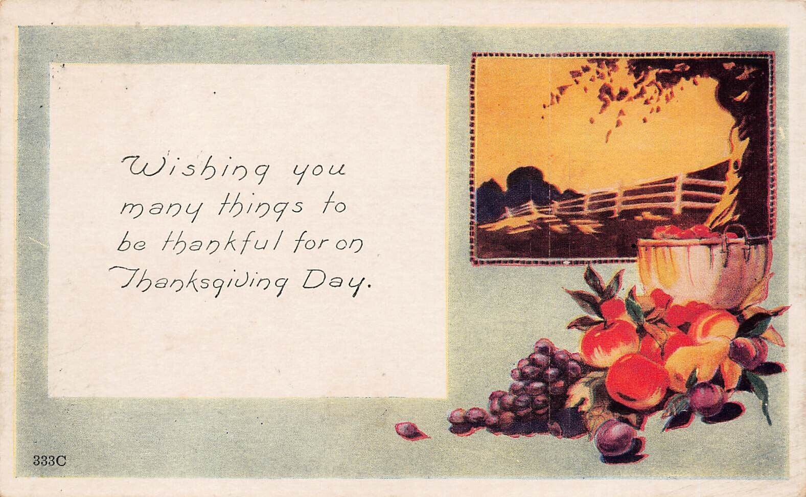Thanksgiving Card Cornucopia Homestead White Fence Scenic Rural Vtg Postcard C23