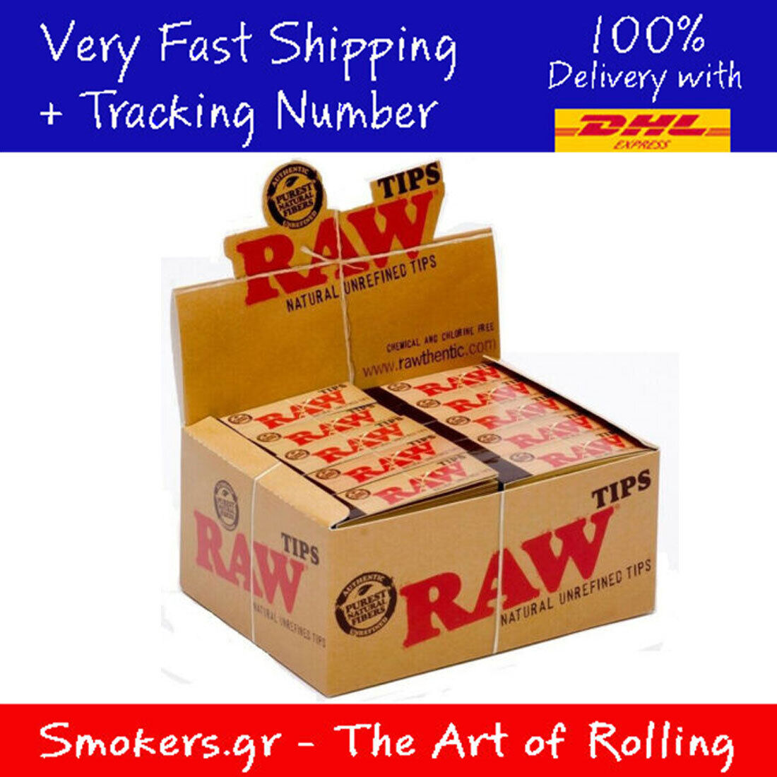 1x Box Raw Rolling Paper Filter Tips Natural Unrefined (box of 50 packs )