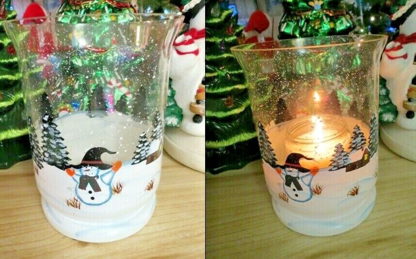 YANKEE CANDLE Winter Snow Scene Snowman & Ice Skating. Glass Jar Candle Holder