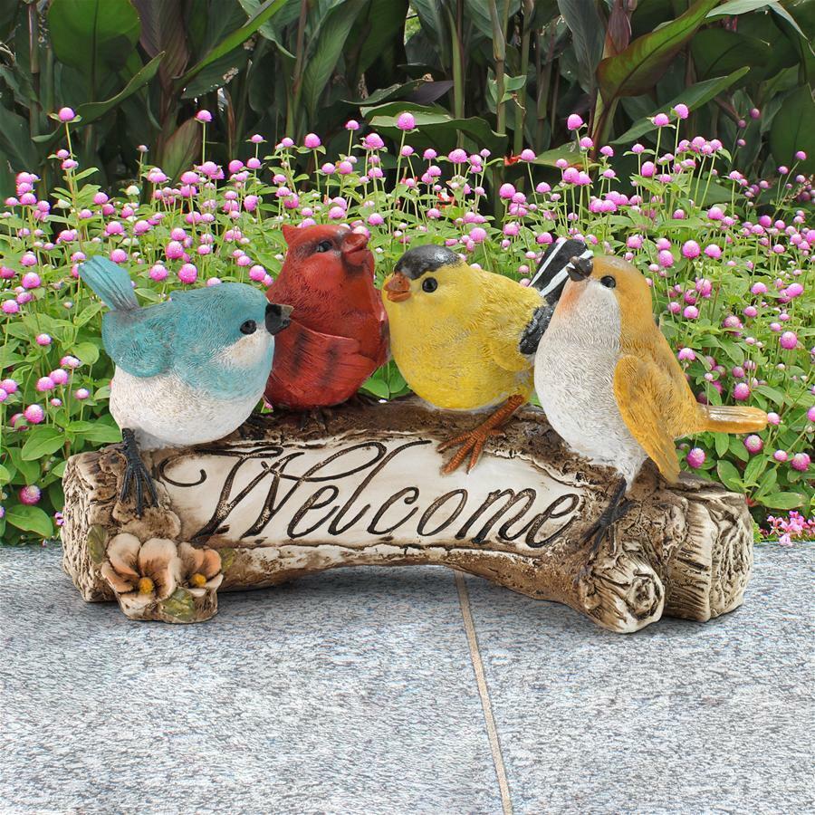 Quartet of Welcoming Chirps Animal Birds on a Branch Garden Welcome Sculpture