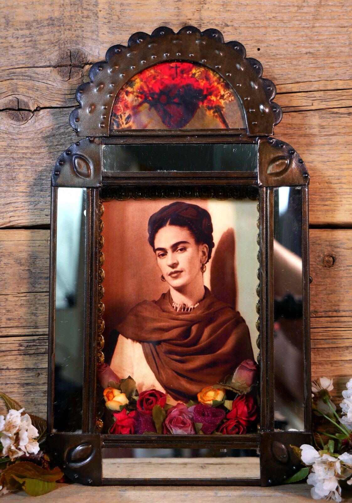 Retablo Frida Kahlo Artist Handmade Metal Mirrored Panels Roses Mexico Folk Art