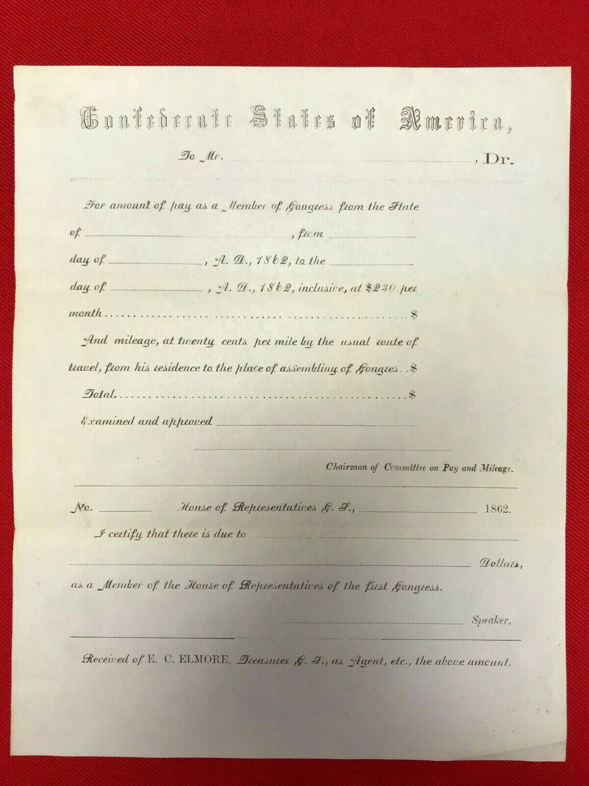 RARE CSA Document - Original Document BLANK  - 1862