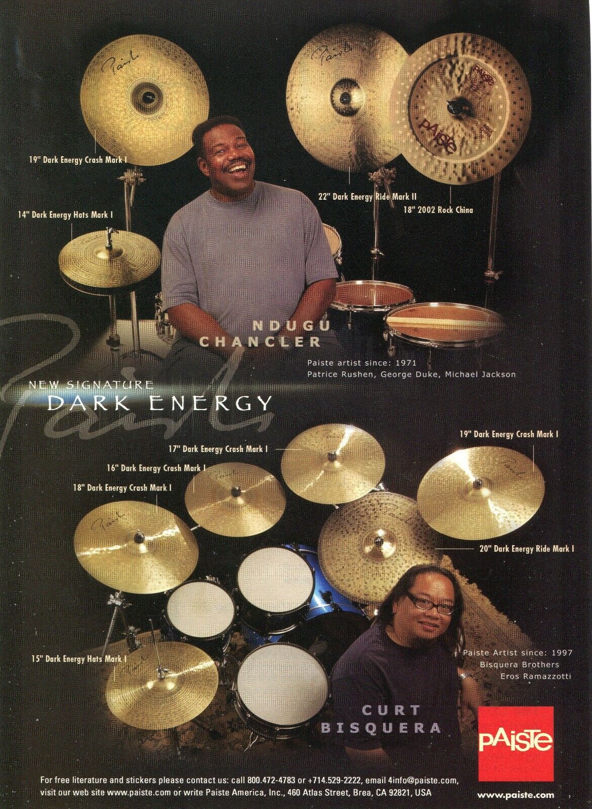2006 Print Ad of Paiste Dark Energy Drum Cymbal w Ndugu Chancler & Curt Bisquera
