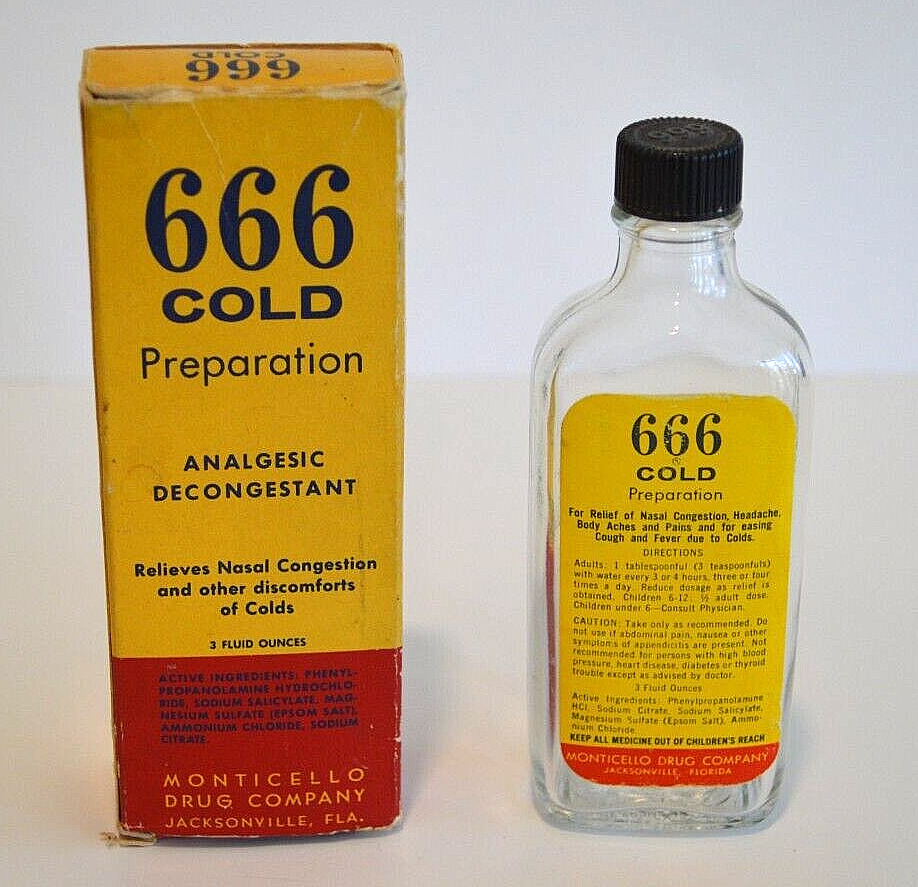 Vintage 666 Cold Preparation Analgesic Medicine Bottle and Box RARE