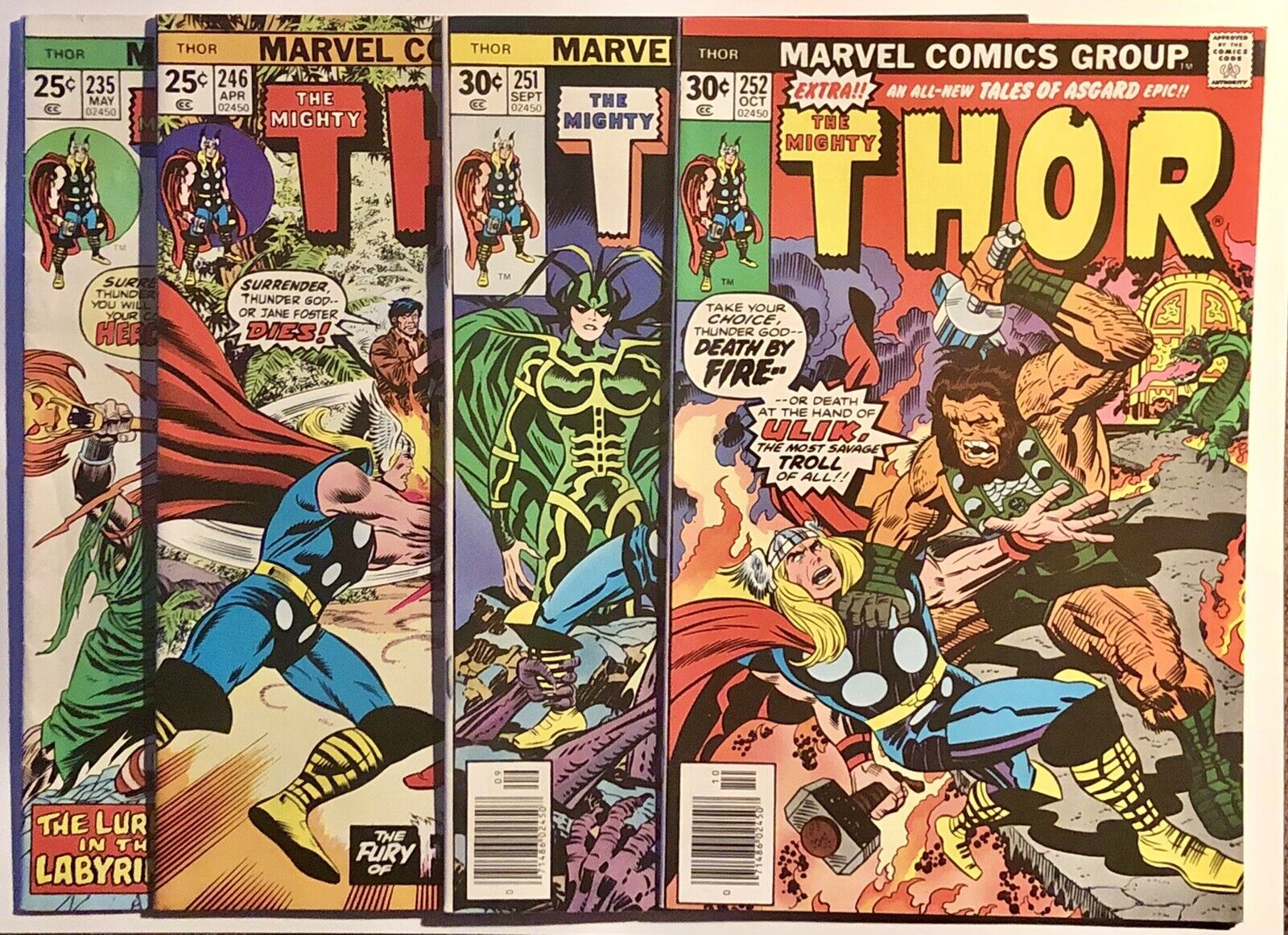 Mighty Thor 235 246 251 252- Lot Of 4 Comics- Marvel 1975- Kirby/Romita Cover FN