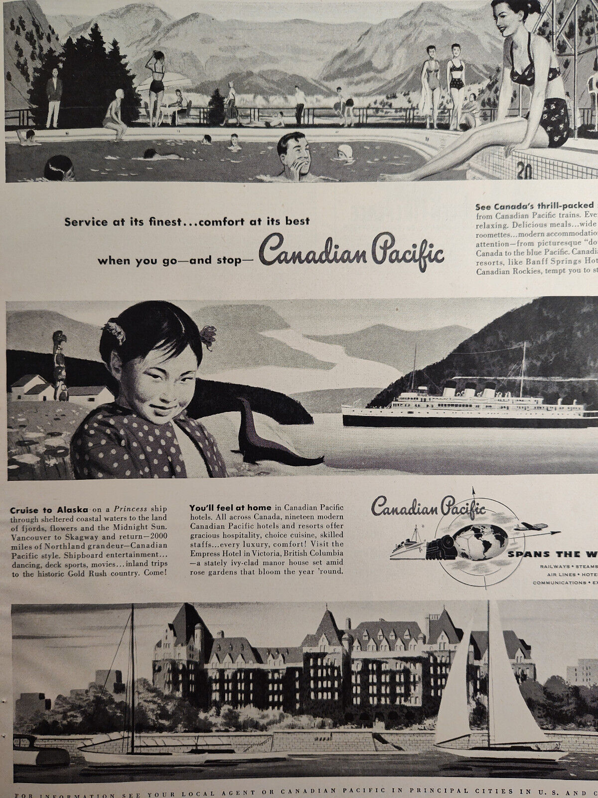 1950 Original Esquire Art Ad Advertisement Canadian Pacific Hotels Cruise Ships