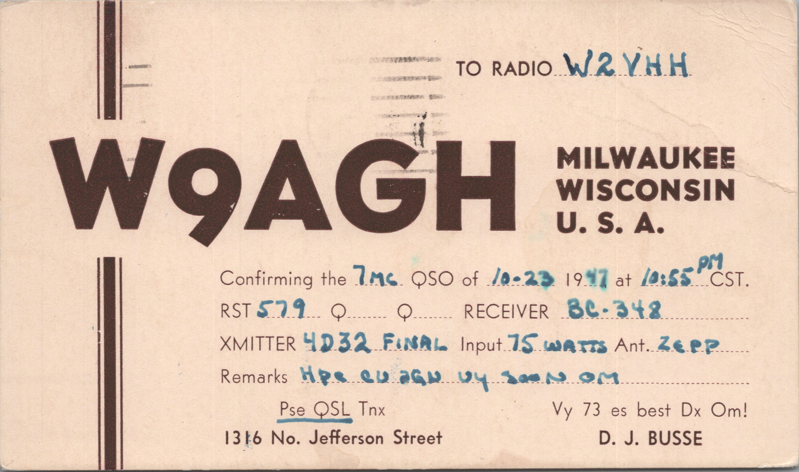 Vintage 1947 Ham Radio QSL Card Milwaukee Wisconsin -  Posted