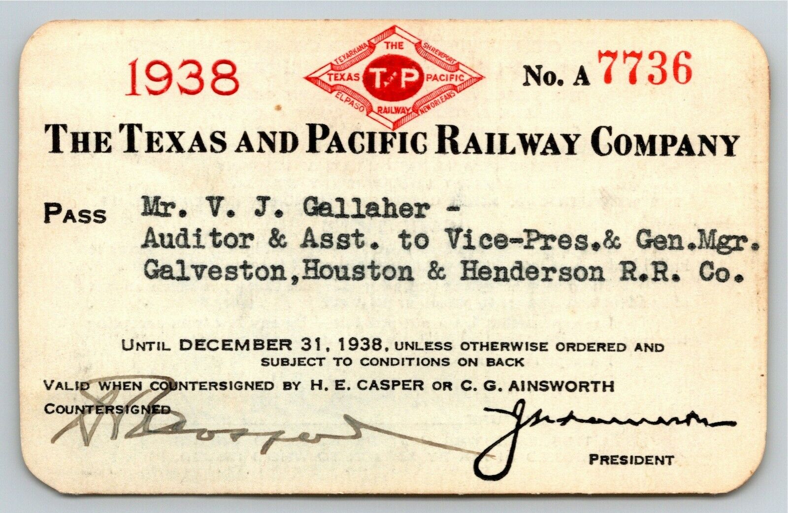 Vintage Railroad Annual Pass The Texas & Pacific Railway 1938 A7736 Thermography