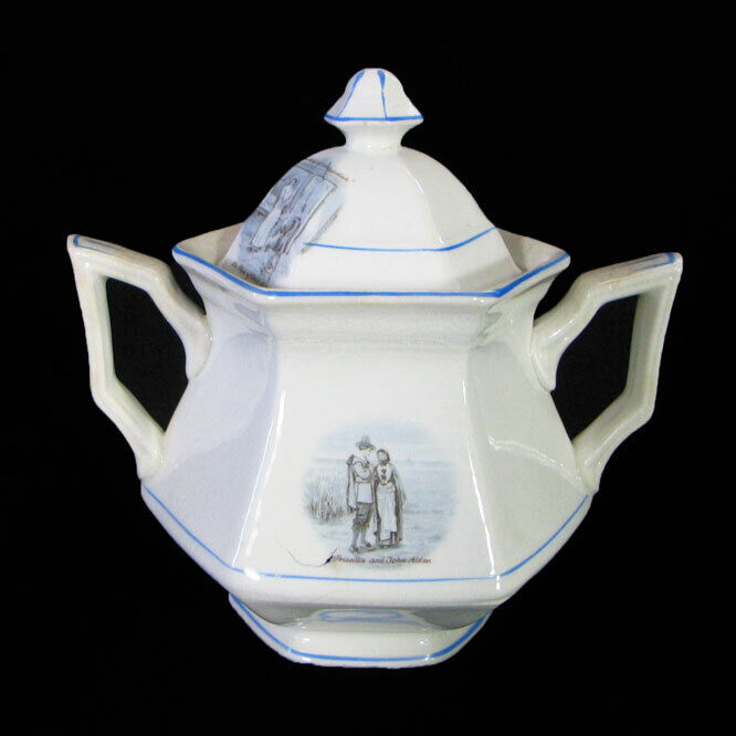 Antique Large Sterling China Sugar Bowl Courtship of Miles Standish John Alden
