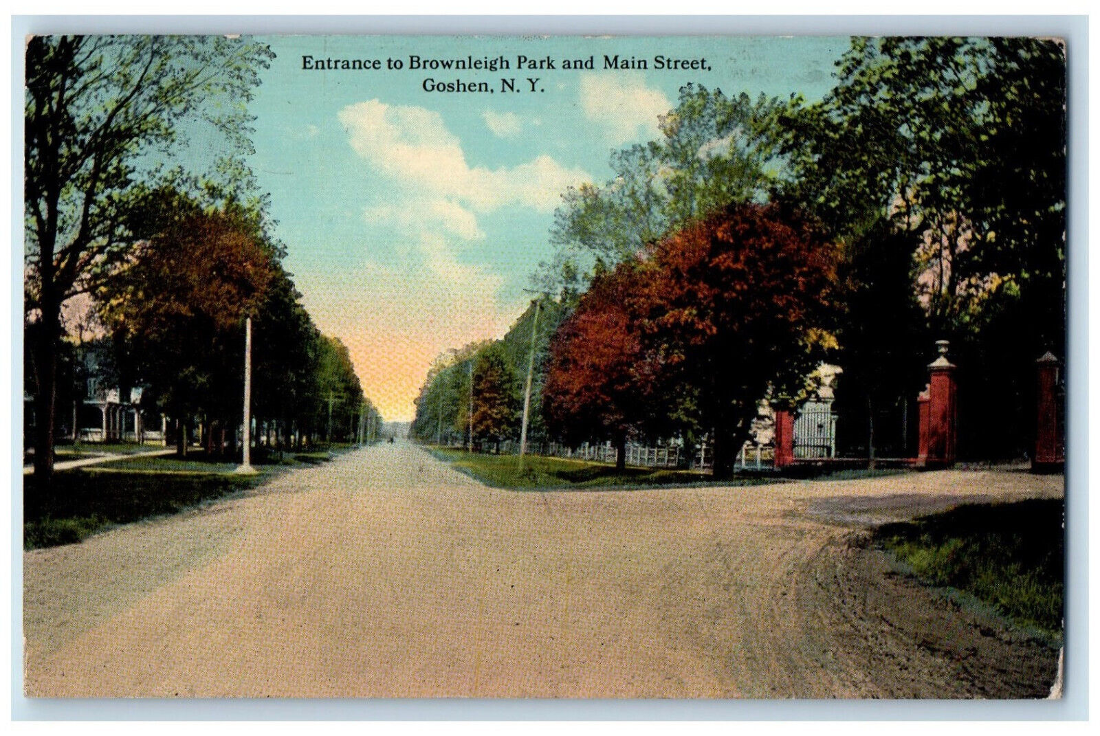 c1910 Entrance to Brownleigh Park and Main Street, Goshen NY Postcard