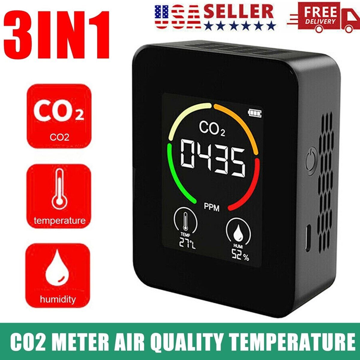 CO2 Meter Air Quality Monitor 400-5000 PPM Sensor Carbon Dioxide Detector US