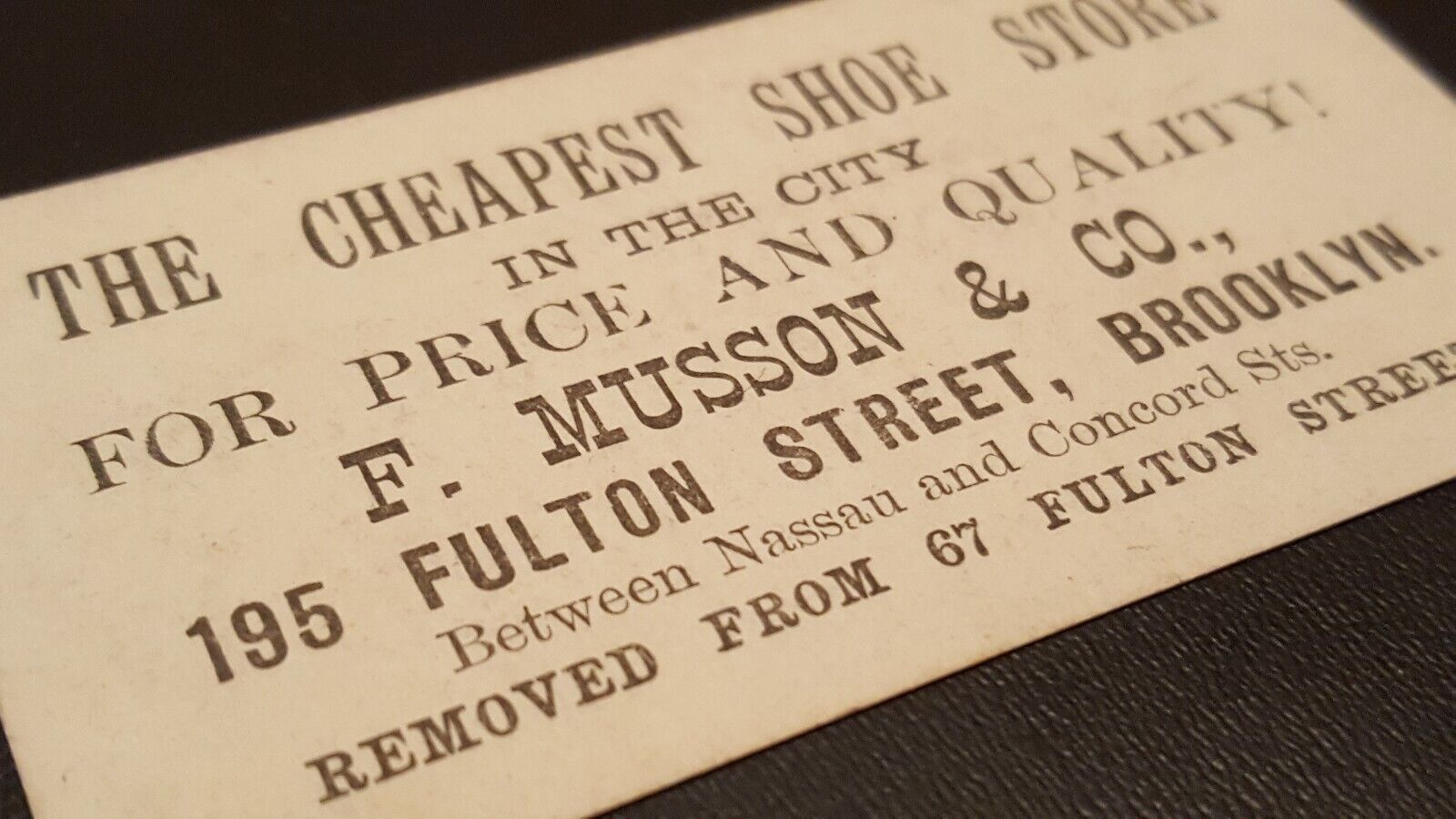 Antique Trade Card Shoe Store Fulton St Brooklyn F. Musson The CHEAPEST 