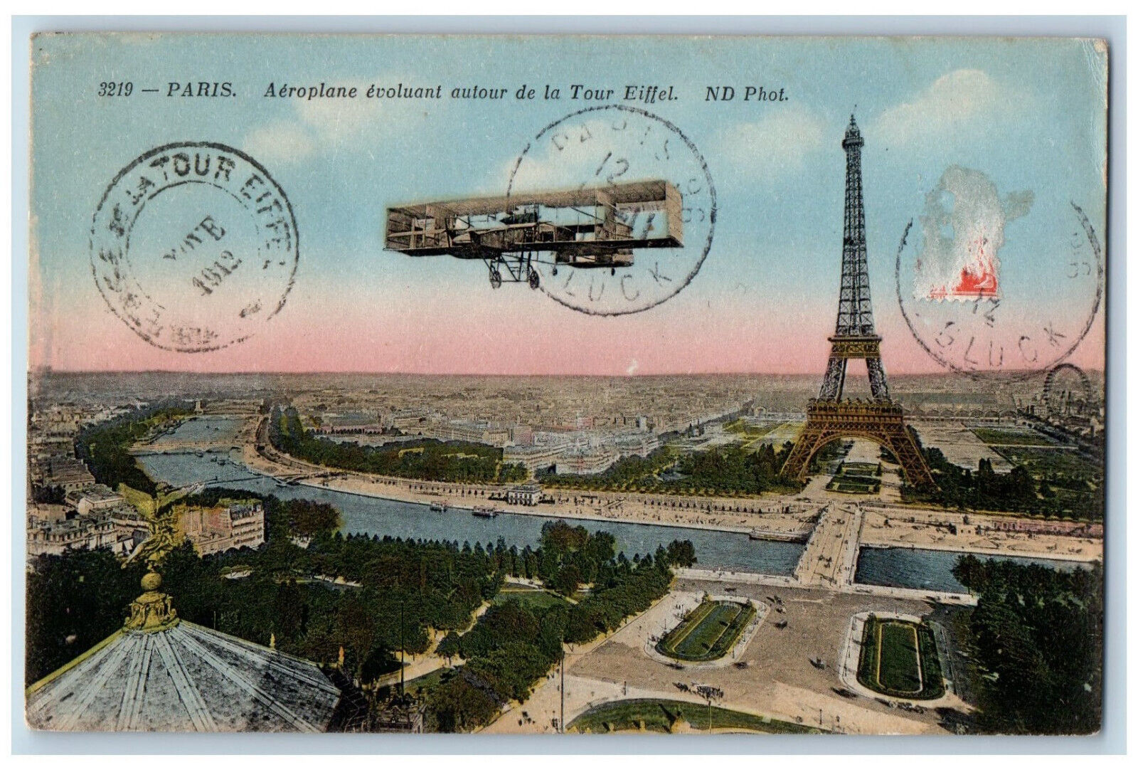Paris France Postcard Airplane Flying Around The Eiffel Tower 1912 Posted