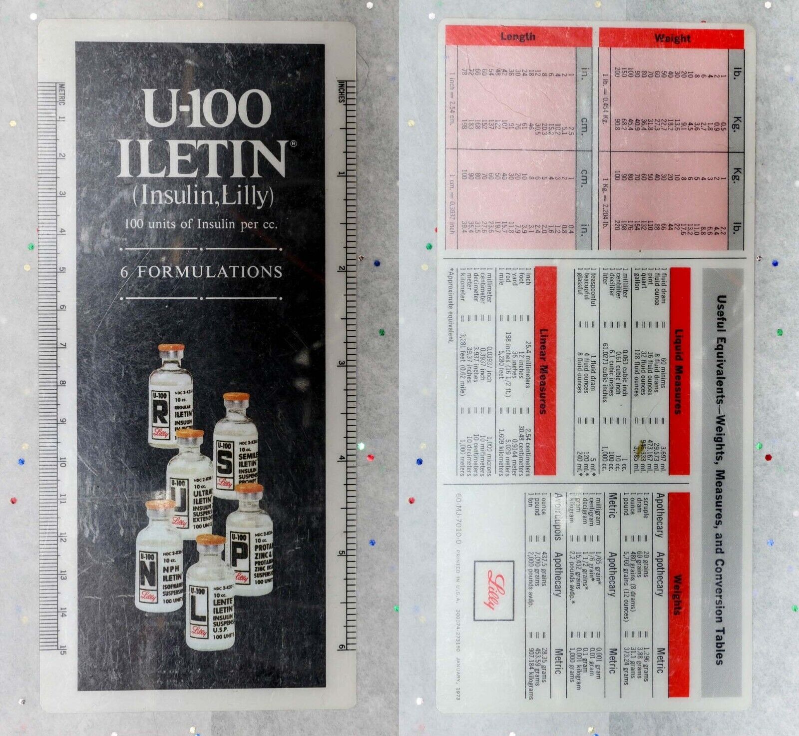 1973 Pharmaceutical Ruler U-100 ILETIN® Insulin Lilly Medicine Conversion Tables