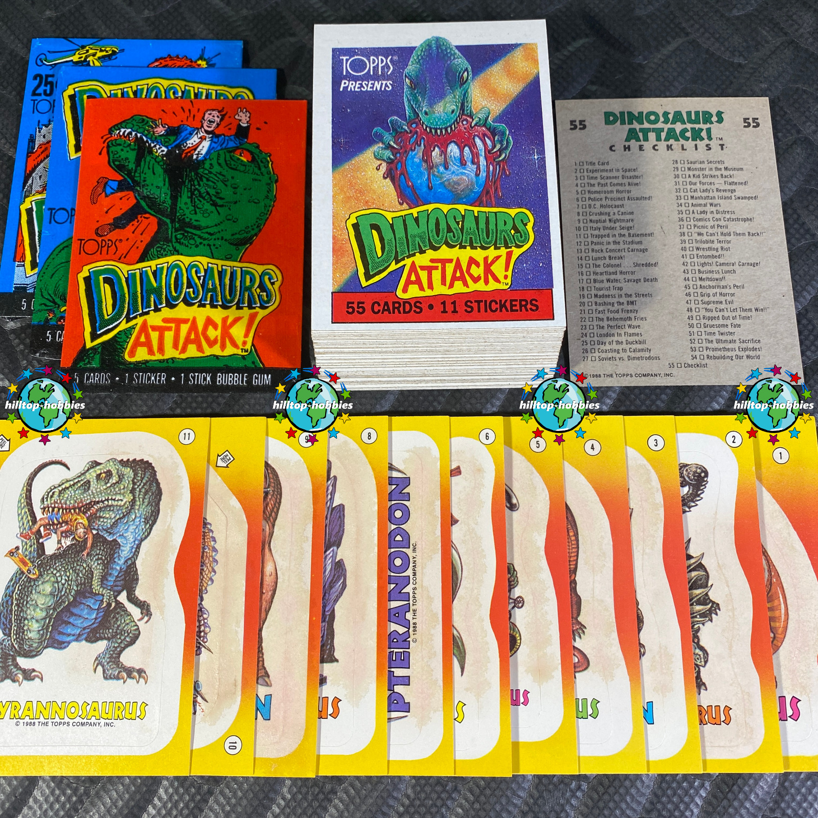 1988 DINOSAURS ATTACK COMPLETE 55-CARD SET+3 WRAPPERS AND *11-STAINED STICKERS*