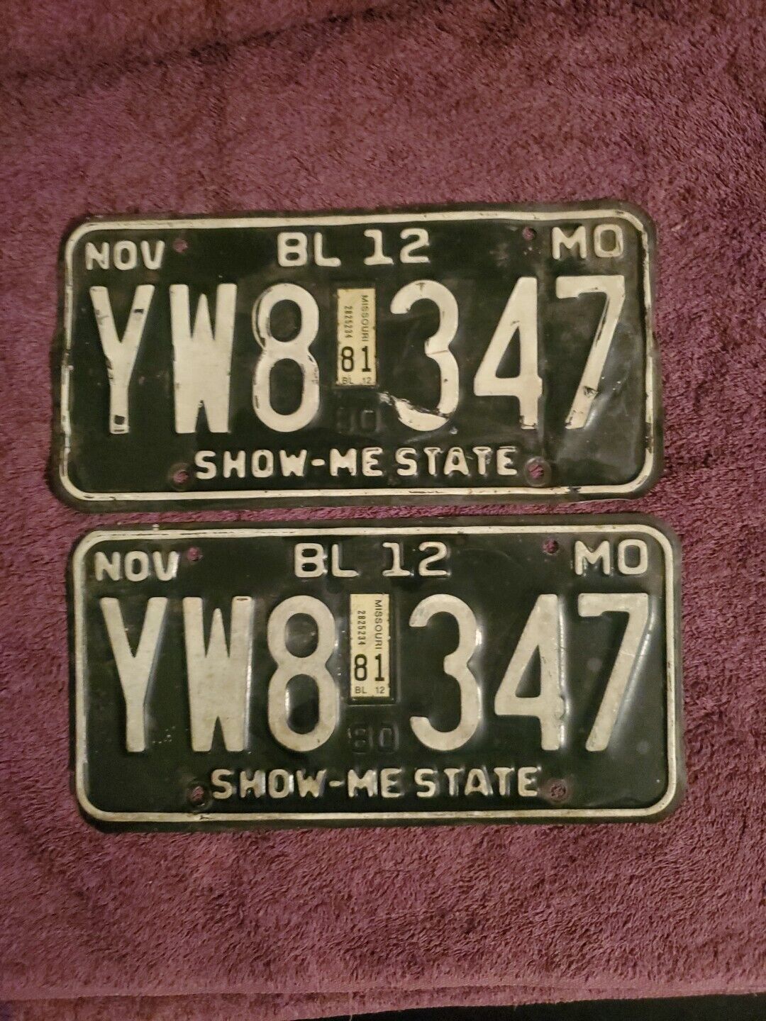 1980’s Missouri License Plate Set - BL 12 YW8 347 Show Me State Man Cave Auto