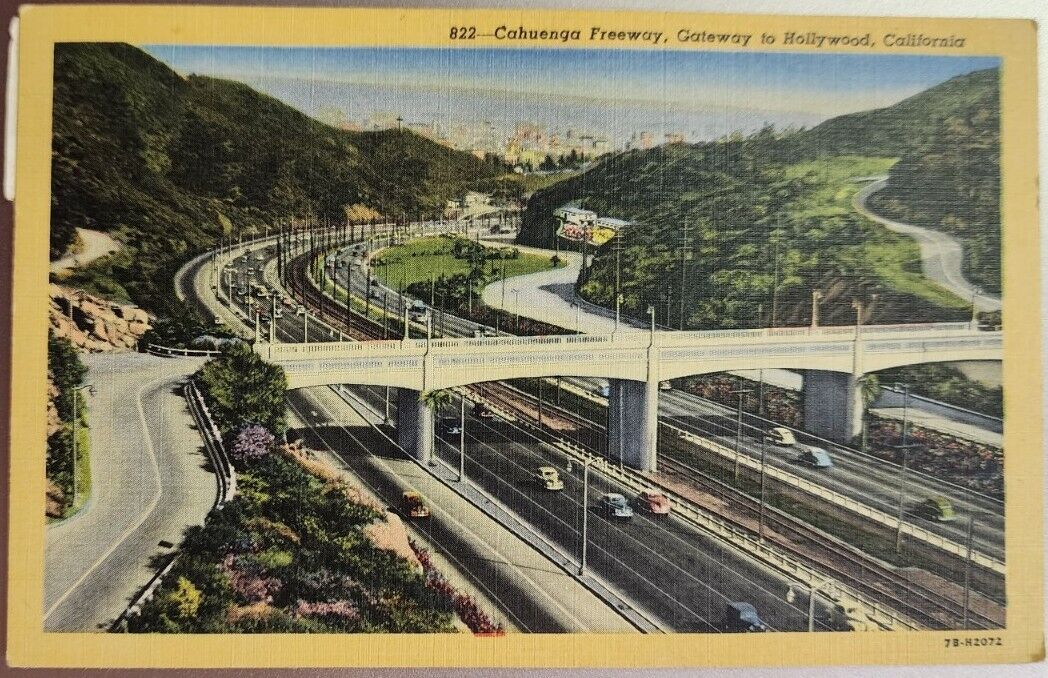 Cahuenga Freeway, Gateway to Hollywood, CA Linen Highway Bridge 1953 Cancel