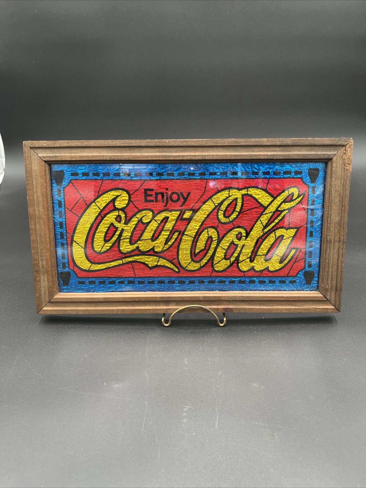 Vintage Coca-Cola Foil Sign Wooden Frame Advertisement 12”x 7”