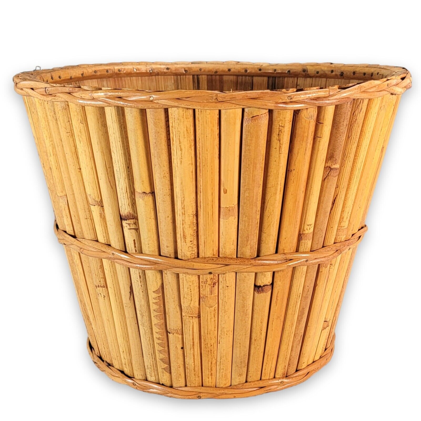 Vintage Split Bamboo Planter Basket Round Brown Woven Handicraft Basket 1970