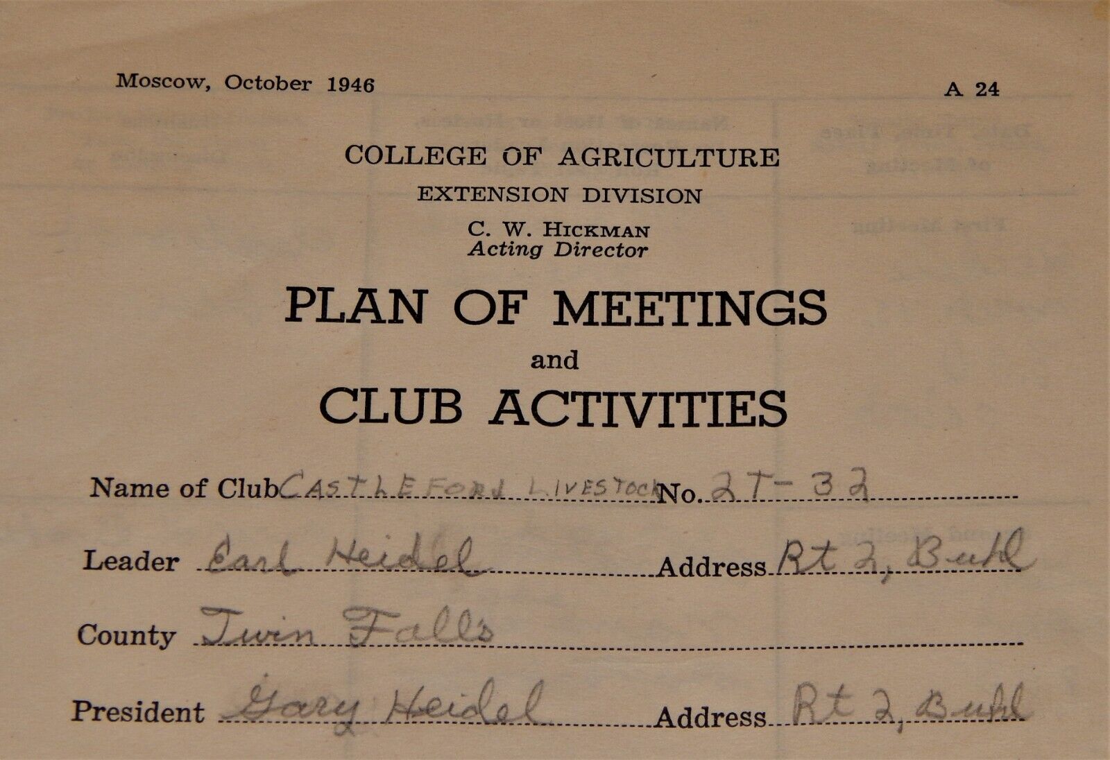 Vintage Booklet, CASTLEFORD, ID, 4-H LIVESTOCK CLUB, 1946, Meetings & Activities
