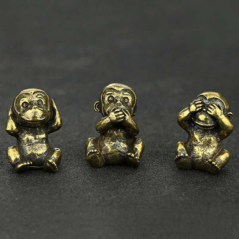Chinese Culture 3Pc Cute No Say No Listen No See Copper Monkeys Ornaments Zodiac