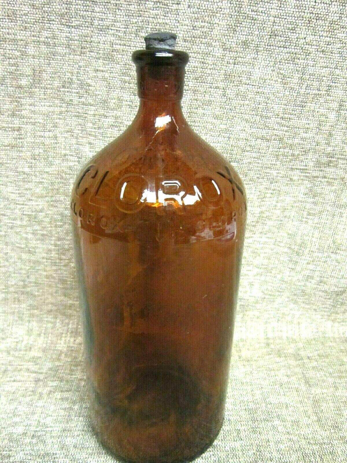 Antique Vintage Brown/Amber 32oz. Clorox Bottle With Original Cork 1920's